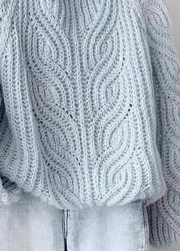 Style Blue Turtleneck Cozy Cotton Knit Cable Knit Sweaters Lantern Sleeve Spring