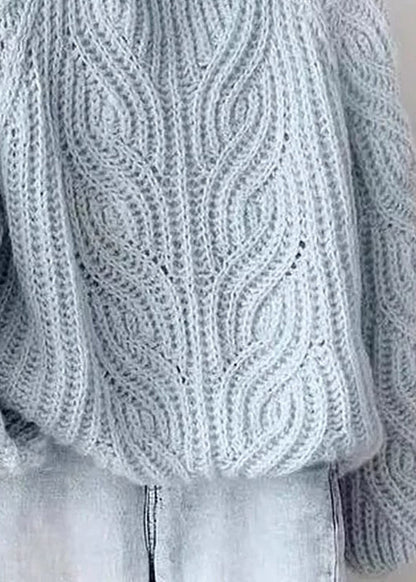 Style Blue Turtleneck Cozy Cotton Knit Cable Knit Sweaters Lantern Sleeve Spring
