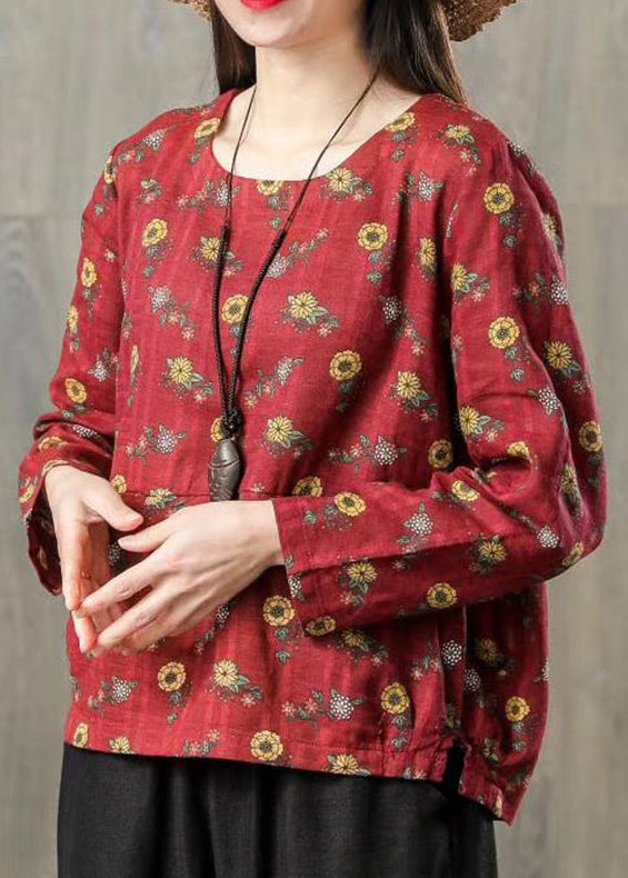 Red Print O Neck Patchwork Cotton T Shirt Top Fall