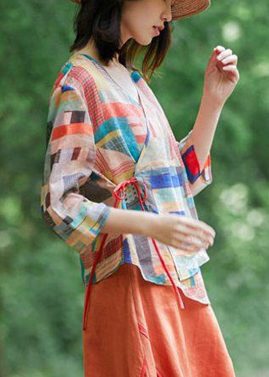 Colorblock Tie Waist Asymmetrical Design V Neck Print Blouse Tops Spring