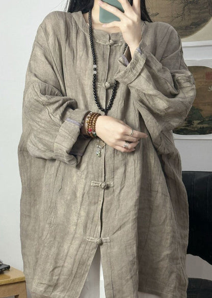 Grey Brown Stand Collar Chinese Button Linen Shirt Top Fall