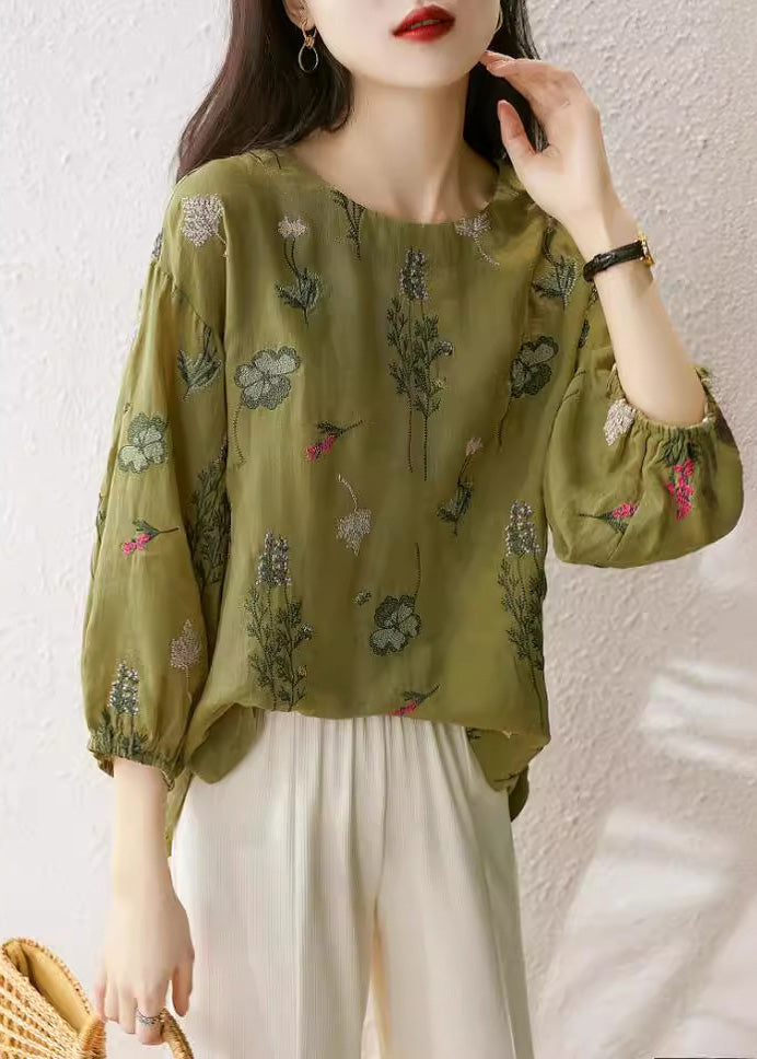 New Green O-neck Embroidered Cotton Shirts Bracelet Sleeve