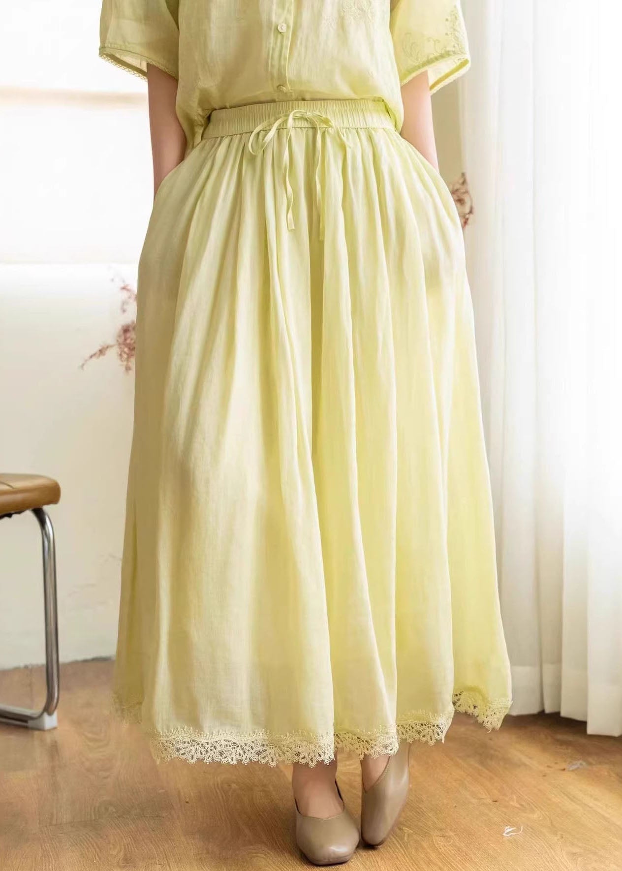 New Beige Pockets Patchwork Elastic Waist Linen Skirt Summer