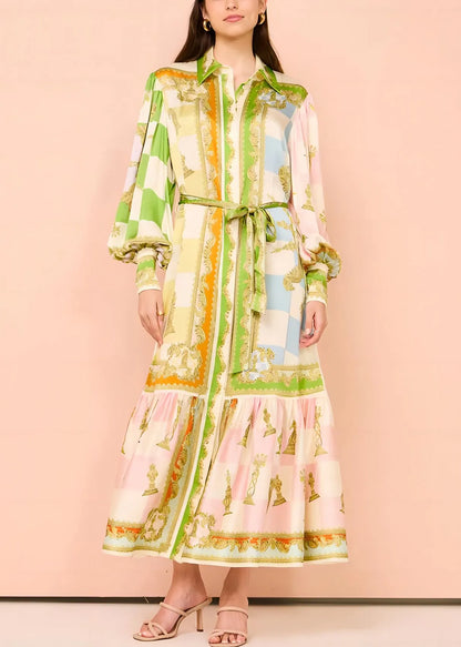 Diy Green Peter Pan Collar Button Tie Waist Maxi Dress Lantern Sleeve