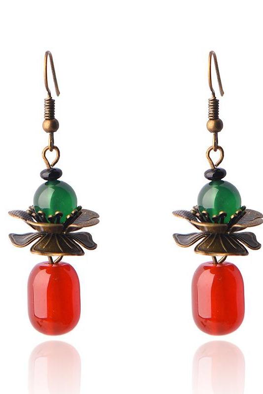 Retro Alloy Flower Red Agate Earrings