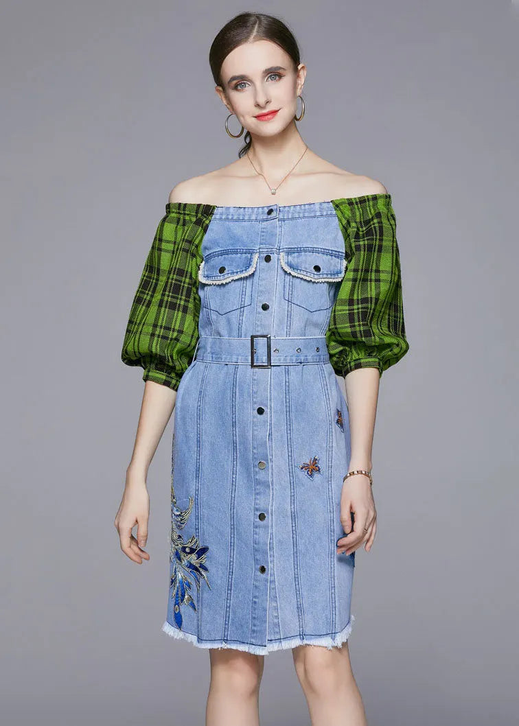 Diy Blue Slash Neck Embroideried Patchwork Cotton Denim Dress Lantern Sleeve