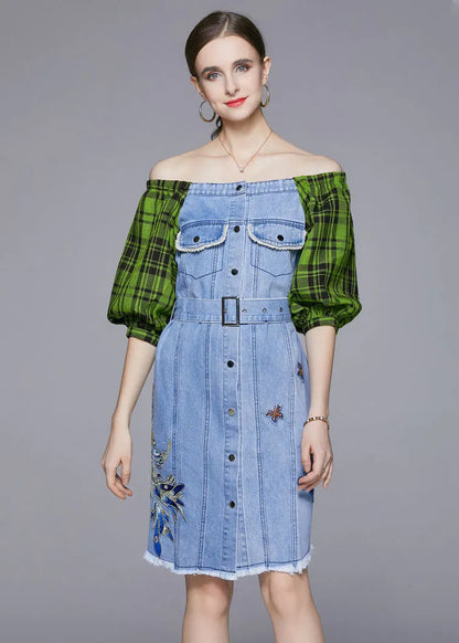 Diy Blue Slash Neck Embroideried Patchwork Cotton Denim Dress Lantern Sleeve