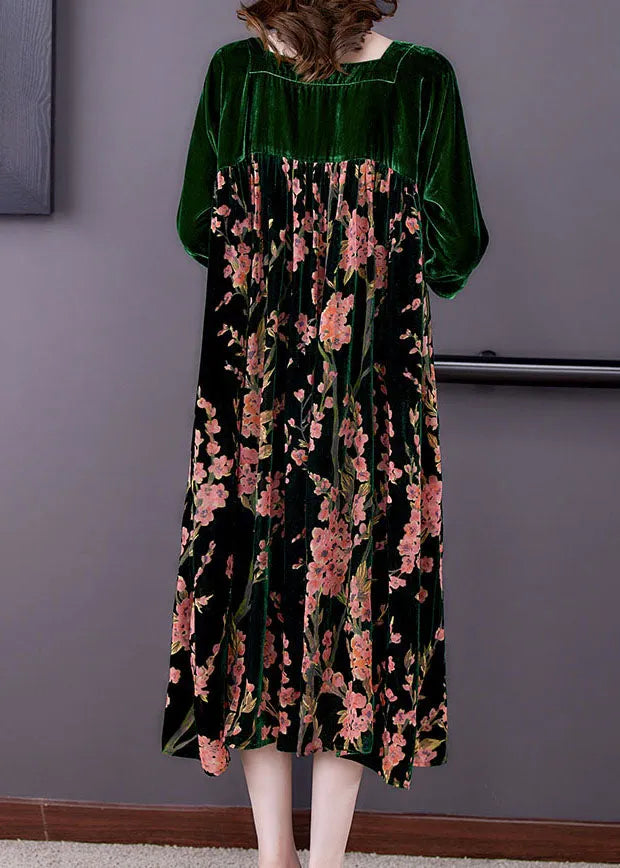 Green Patchwork Print Velour Dresses Winter