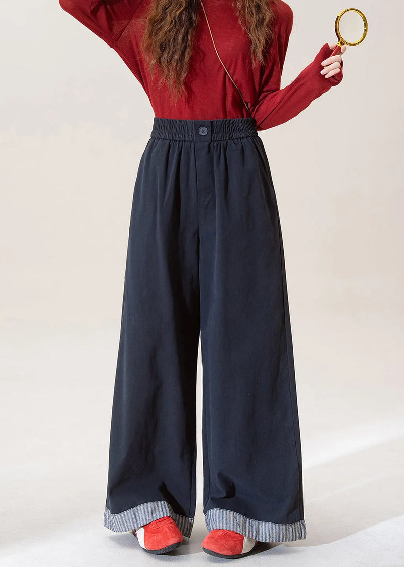 Stylish Blue Elastic Waist Patchwork Denim Wide Leg Pants Spring
