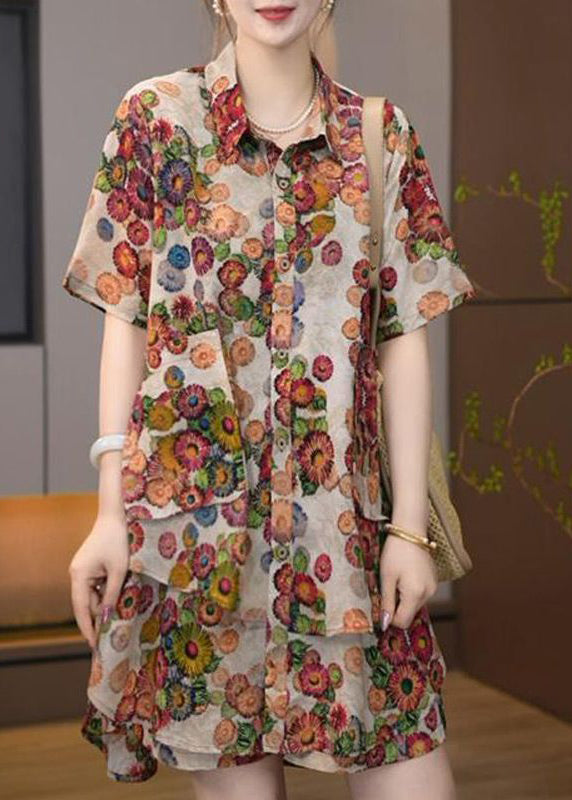 Khaki Oversized Print Cotton Two Pieces Set Summer
