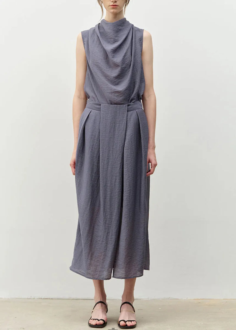 Blue Bow Asymmetrical Linen Top and Skirts Two Piece Set Sleeveless