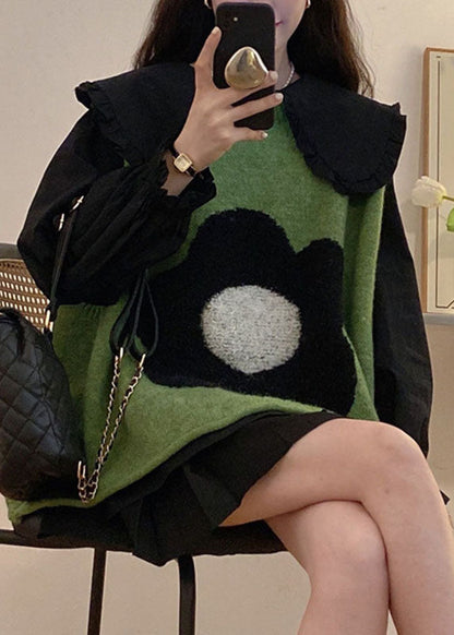 Green Cotton Knit Waistcoat Black Shirts and Pleated Skirt Three Pieces Set Long Sleeve