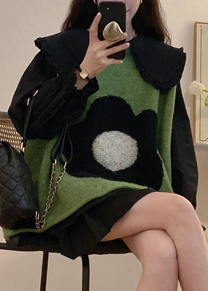 Green Cotton Knit Waistcoat Black Shirts and Pleated Skirt Three Pieces Set Long Sleeve