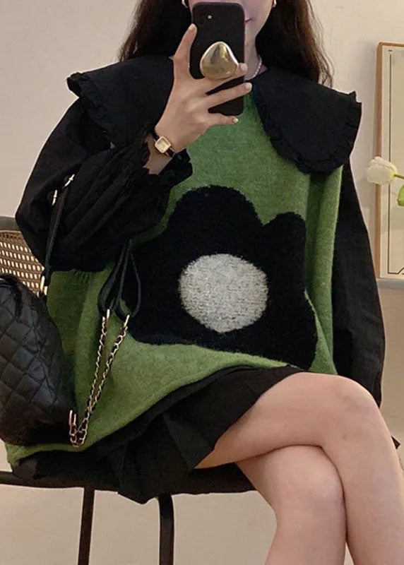 Green Cotton Knit Waistcoat Black Shirts and Pleated Skirt Three Pieces Set Long Sleeve