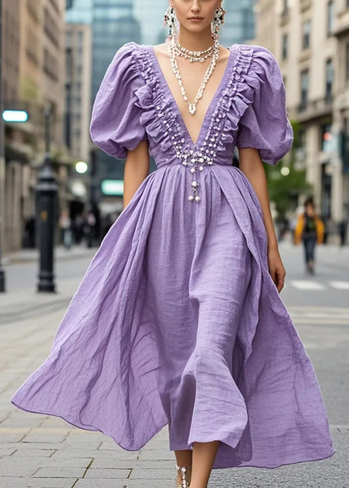 Lavender Ruffled Nail Bead Cotton Dress Puff Sleeve