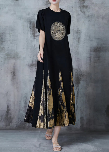 Black Sequins Patchwork Cotton Robe Dresses Summer