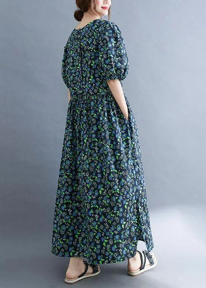 Black Loose Square Collar Print Pockets Summer Robe Dresses Puff Sleeve