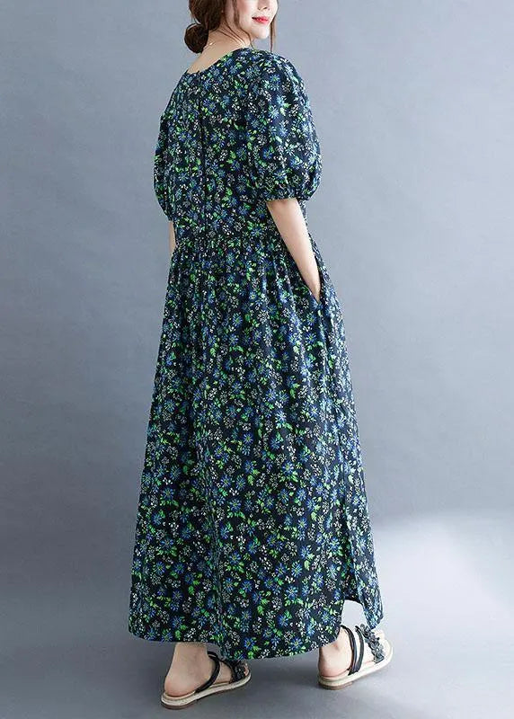 Black Loose Square Collar Print Pockets Summer Robe Dresses Puff Sleeve