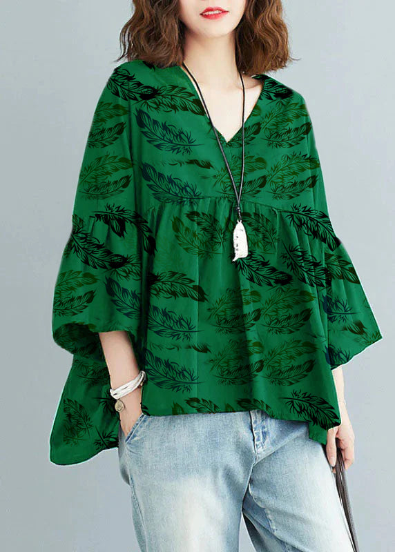 Green Feather V Neck Patchwork Asymmetrical Design Fall Top Three Quarter Sleeve