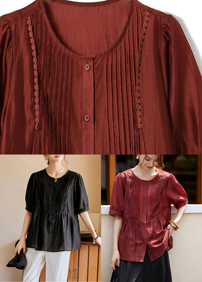 Rust Lace Patchwork Button Silk Shirt Summer