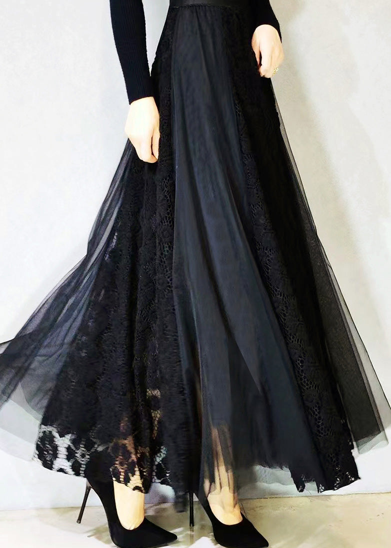Modern Black High Waist Lace Patchwork Tulle a Line Skirt Spring