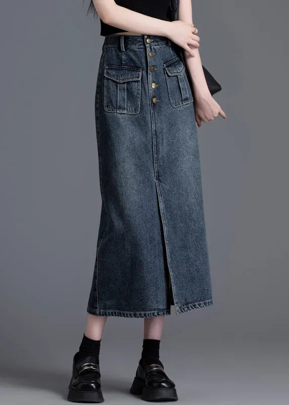 Silm Fit Navy High Waist Side Open Denim Straight Skirt Spring