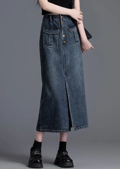 Silm Fit Navy High Waist Side Open Denim Straight Skirt Spring