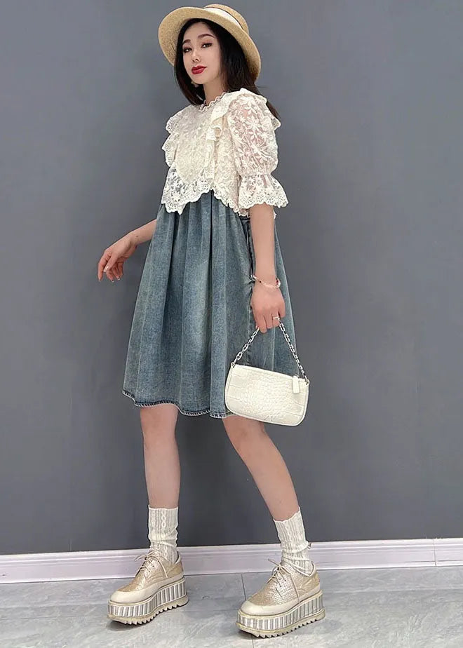 French Blue Stand Collar Hollow Out Lace Patchwork Cotton Denim Mid Dresses Short Sleeve Summer