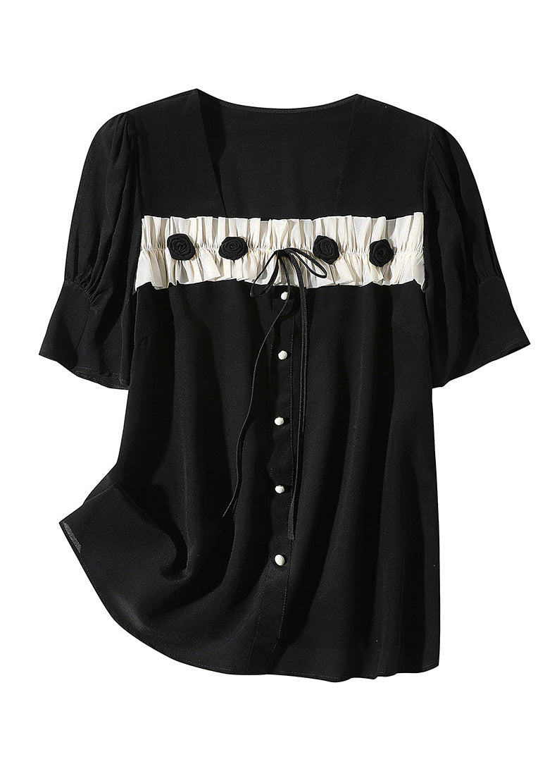 Black Square Collar Patchwork Silk Top Summer
