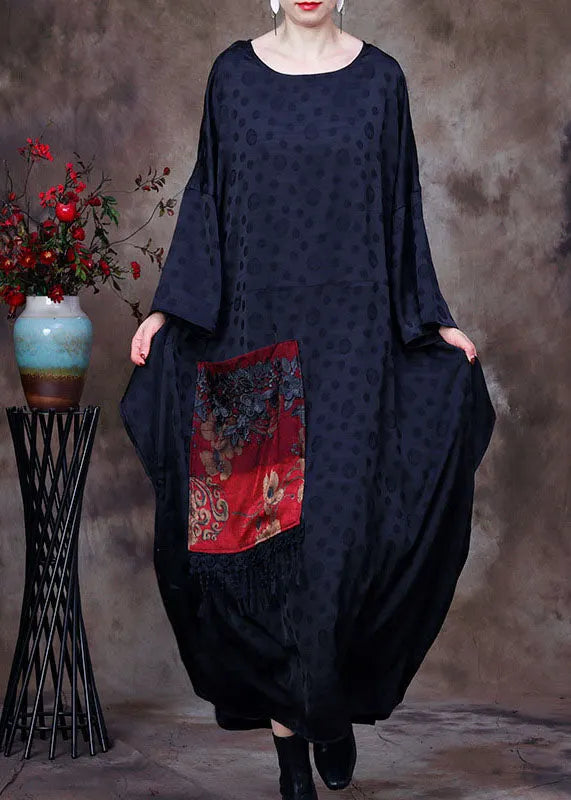Black Embroideried Asymmetrical Design Patchwork Big Pocket Silk Long Dress Batwing Sleeve