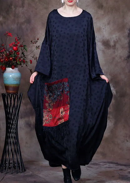 Black Embroideried Asymmetrical Design Patchwork Big Pocket Silk Long Dress Batwing Sleeve