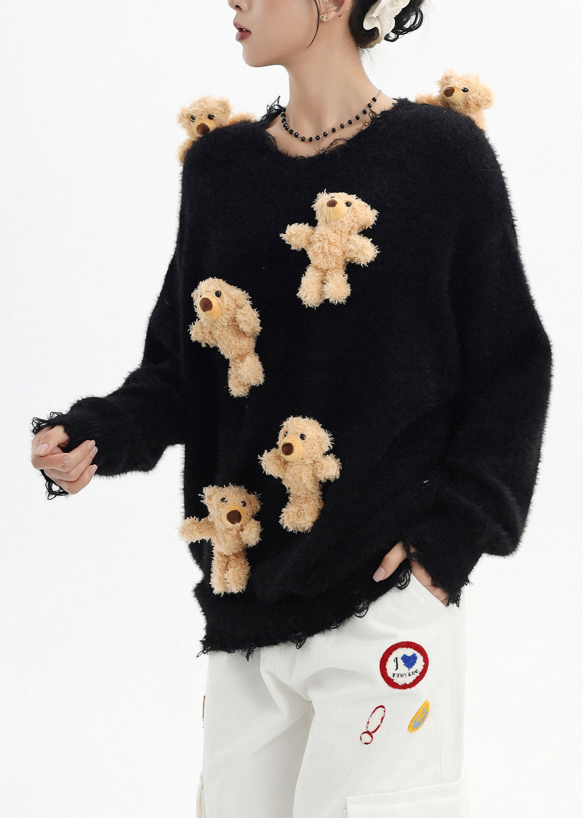 Stylish Black Oversized Bear Ripped Knitted Tops Winter