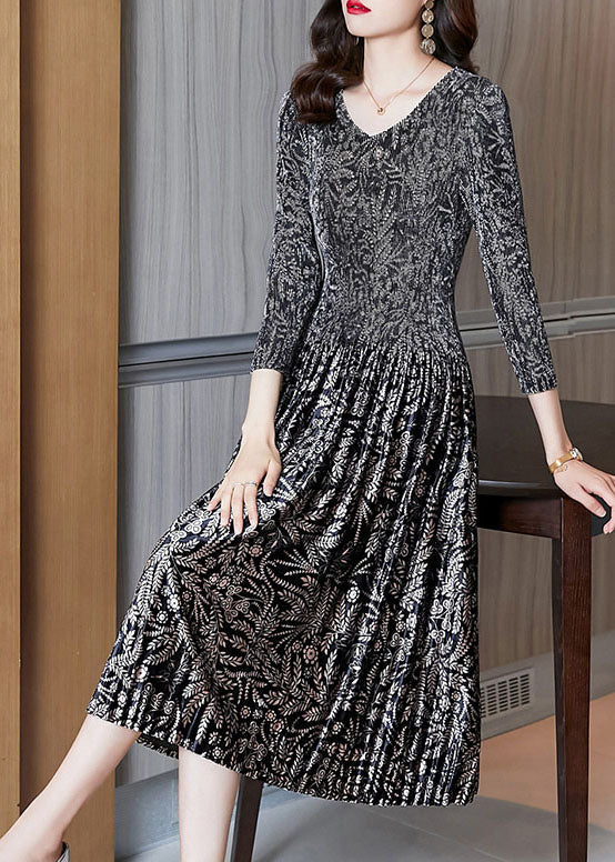 V Neck Print Velour Dresses Spring