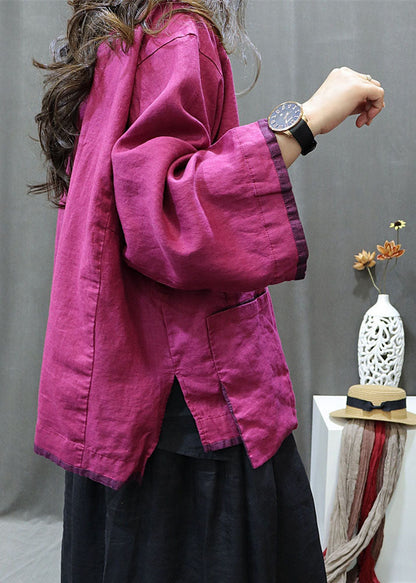 Retro Green O-neck Patchwork Button Side Open Shirts Long Sleeve