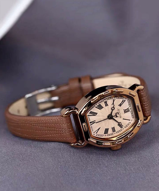 Coffee Leather Alloy Patchwork Tempered Glass Watch