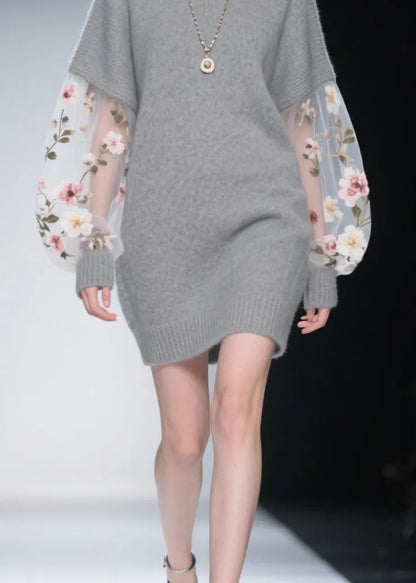 Grey O Neck Tulle Patchwork Knit Dress Winter