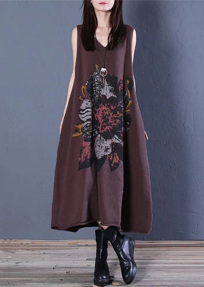 Coffee V Neck Print Cotton Knit Long Dress Sleeveless
