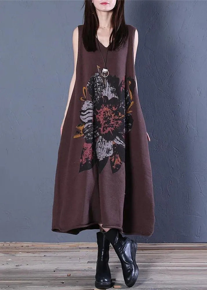 Coffee V Neck Print Cotton Knit Long Dress Sleeveless