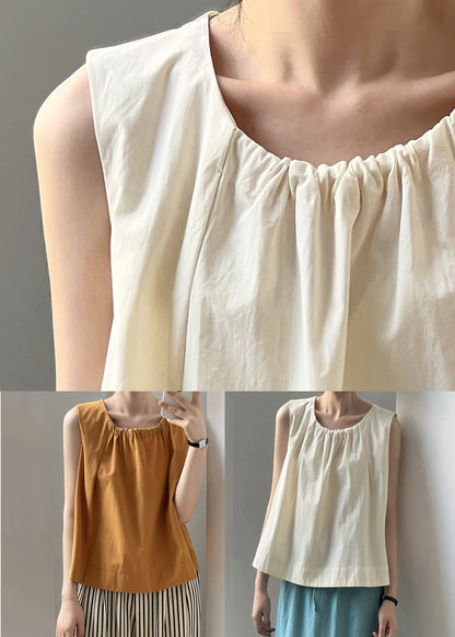 Beige Button Cotton Tops O-neck Summer