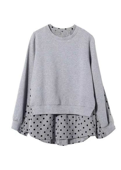 Grey O Neck False Two Pieces Patchwork Cotton Top Fall