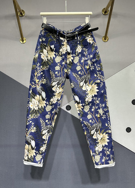 Unique Navy Print Pockets Patchwork Denim Pants Fall