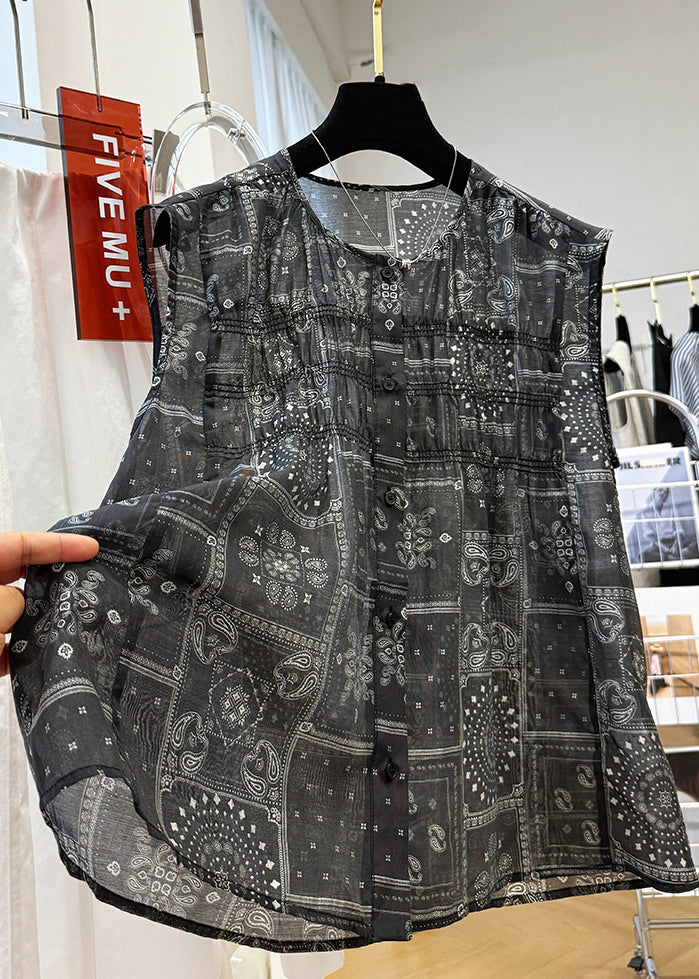 Black O Neck Print Button Cotton Tops Sleeveless