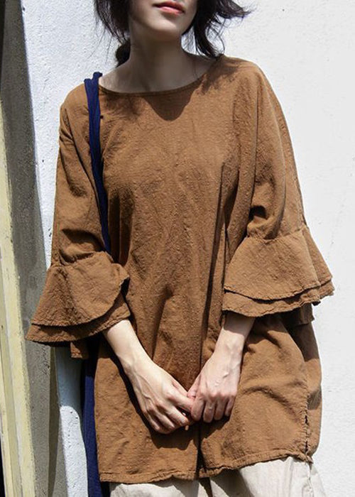 Coffee O Neck Linen Top Butterfly Sleeve