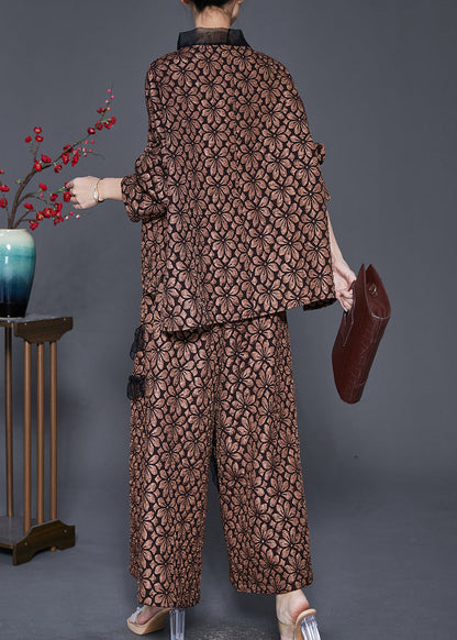 Coffee Jacquard Warm Fleece Two Piece Set Clothing Ruffled Winter