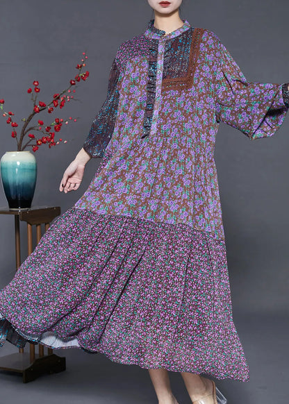 Purple Ruffled Patchwork Chiffon Dresses Summer