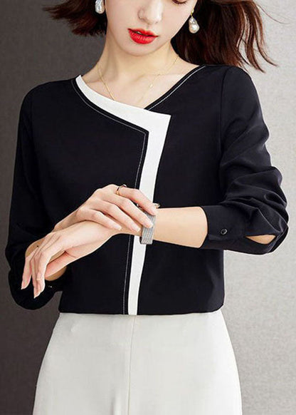 Black V Neck Patchwork Chiffon Shirt Top Long Sleeve