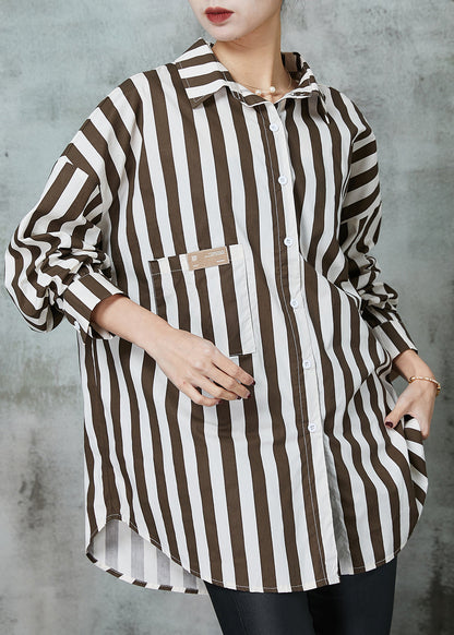 Khaki Oversized Striped Cotton Shirt Tops Spring