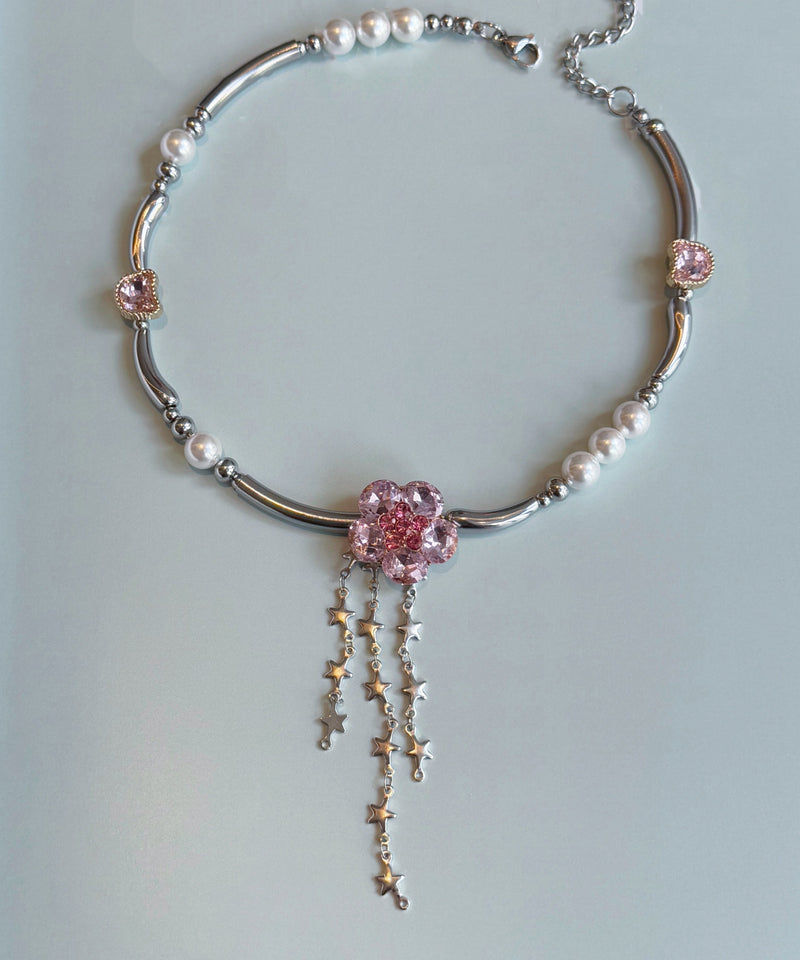 Stylish Pink Zircon Pearl Tassel Adjustable Alloy Choker