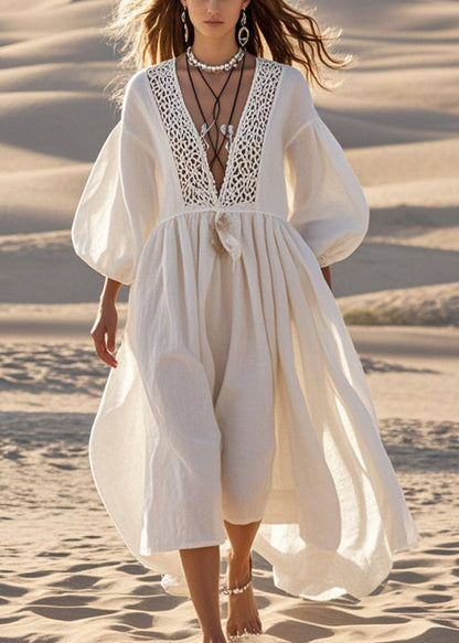 White V Neck Patchwork Cotton Long Dresses Lantern Sleeve Summer