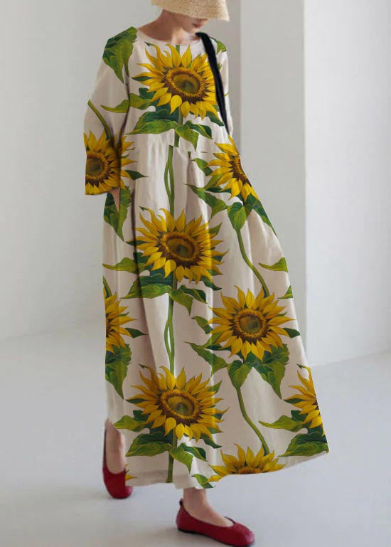 Flower Print5 Cotton Dresses Pockets Patchwork Spring